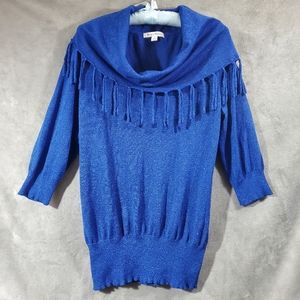 Studio Works Fringed Off Shoulder or Cowneck Top Blue Metallic Size L